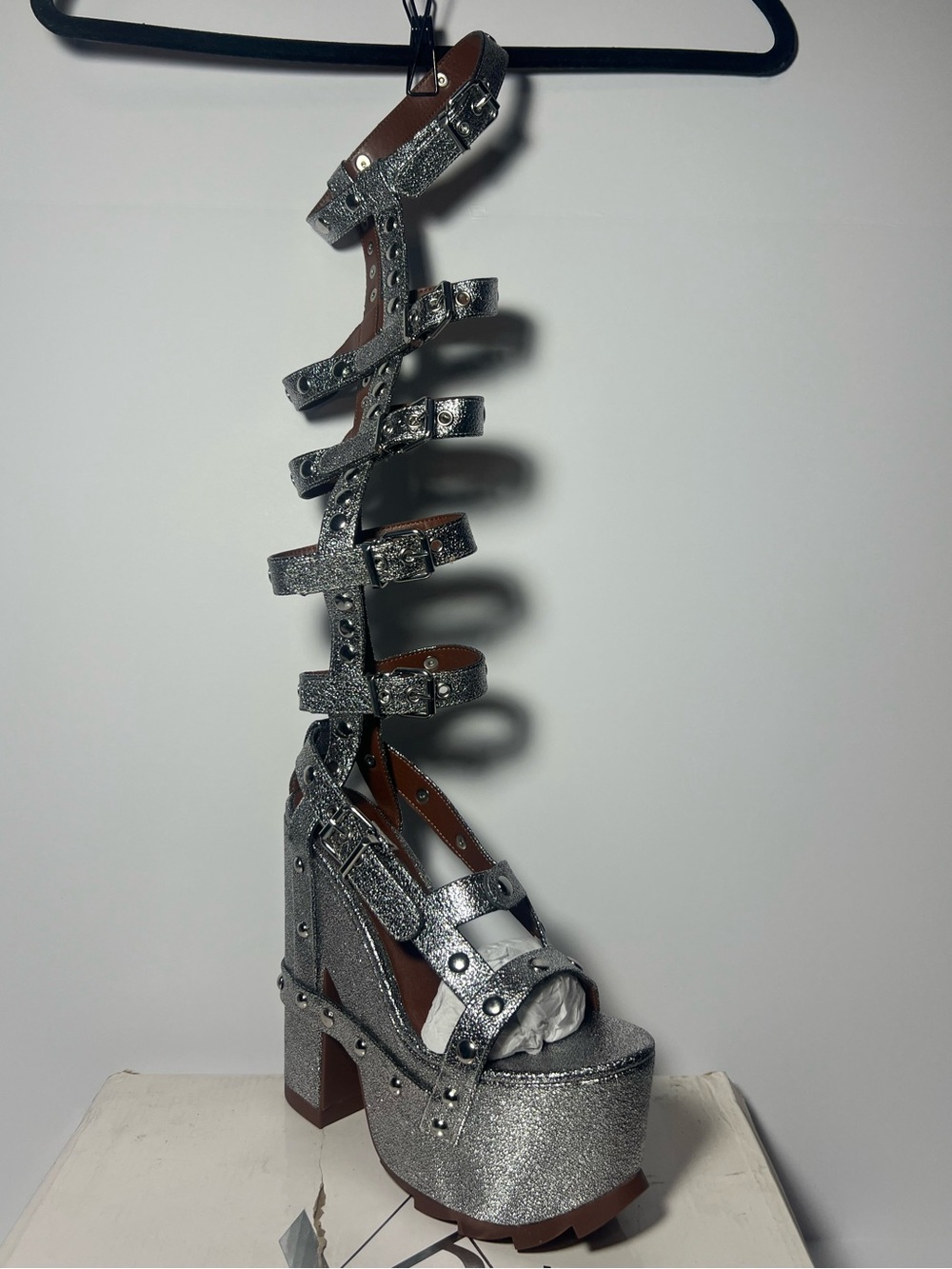 YRU ROCKER FASHION PLATFORM VEGI LEATHER FETISH NIGHTCALL HI SILVER SHOES SANDAL